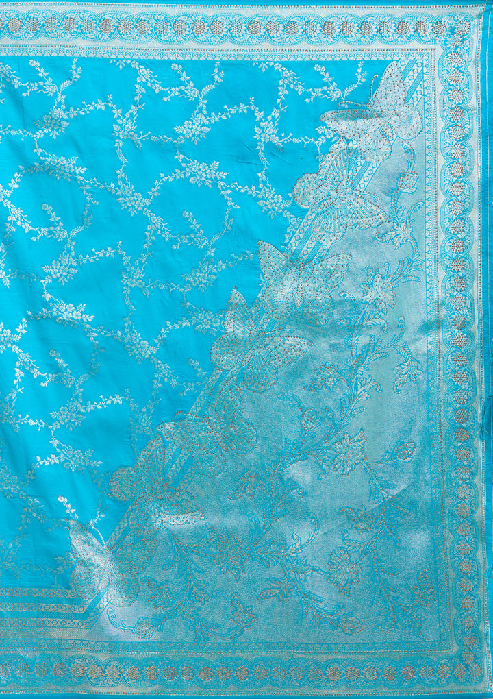 Turquoise Blue Stonework Banarasi Silk Saree
