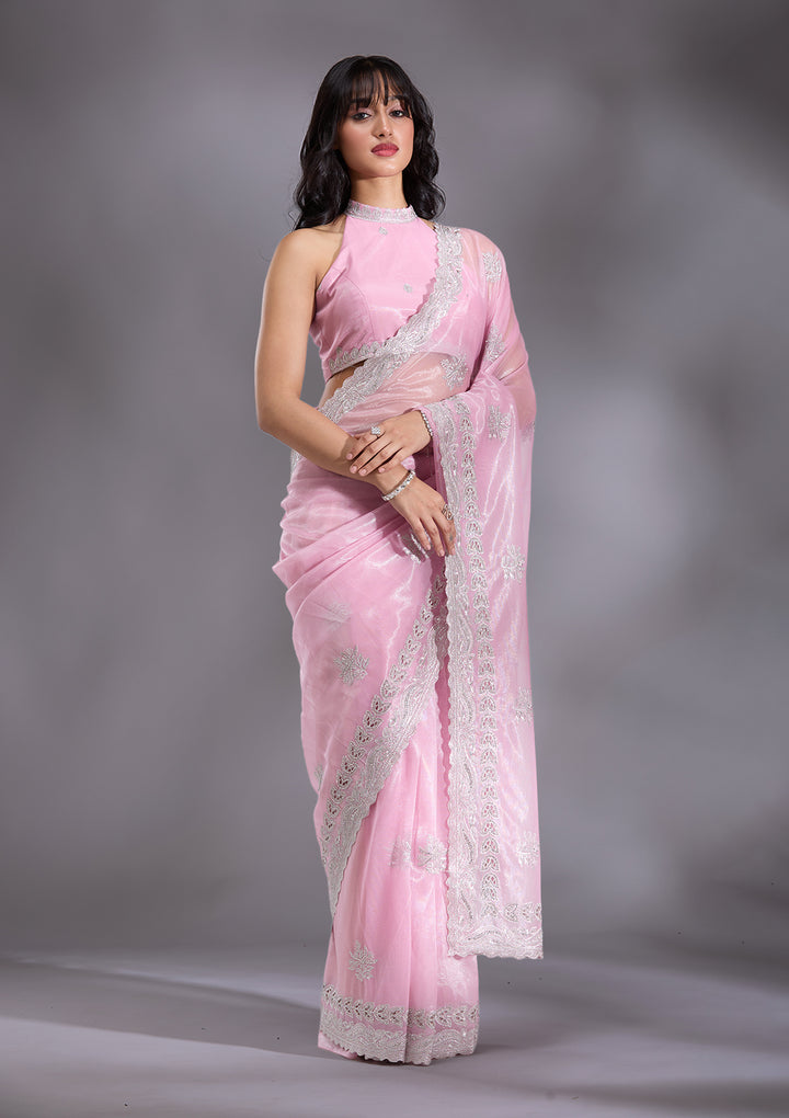 Baby Pink Cutwork Organza Saree