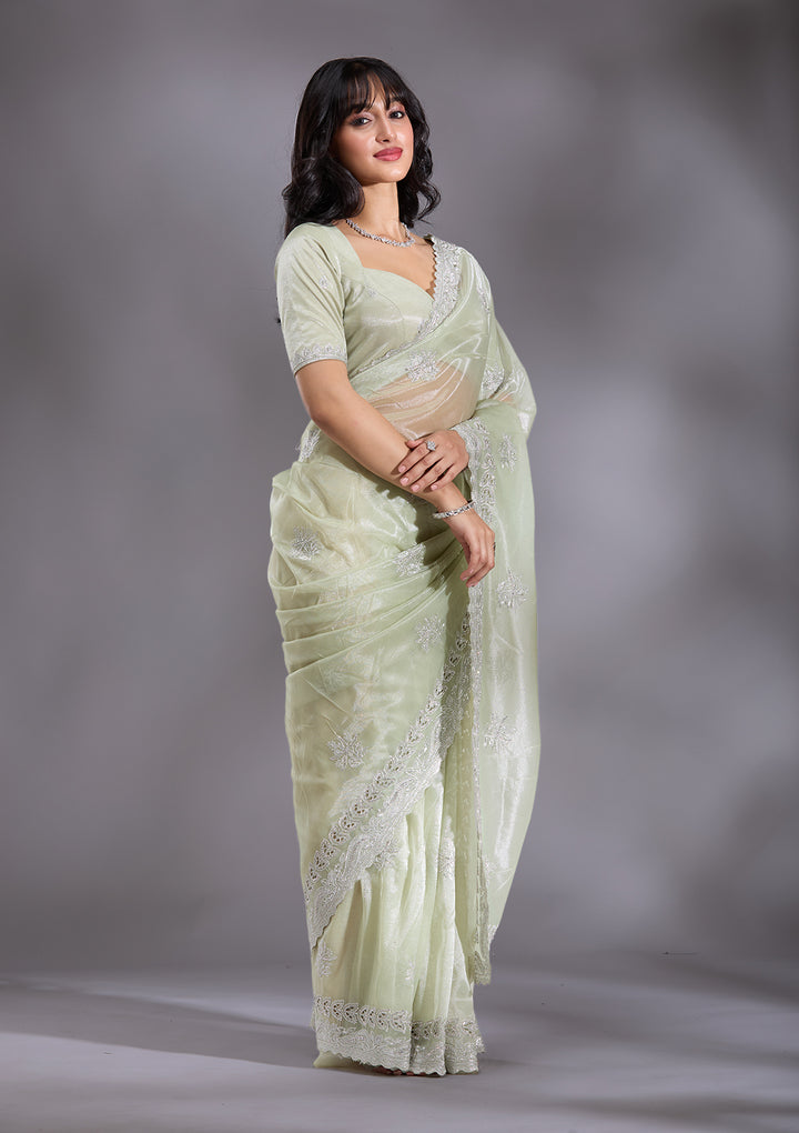 Pista Green Cutwork Organza Saree