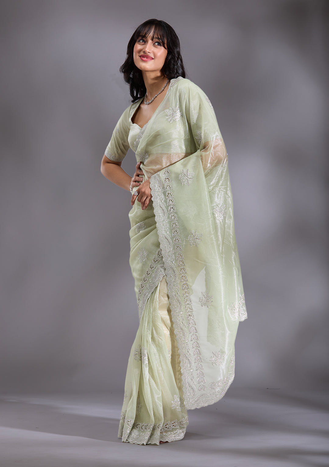 Pista Green Cutwork Organza Saree