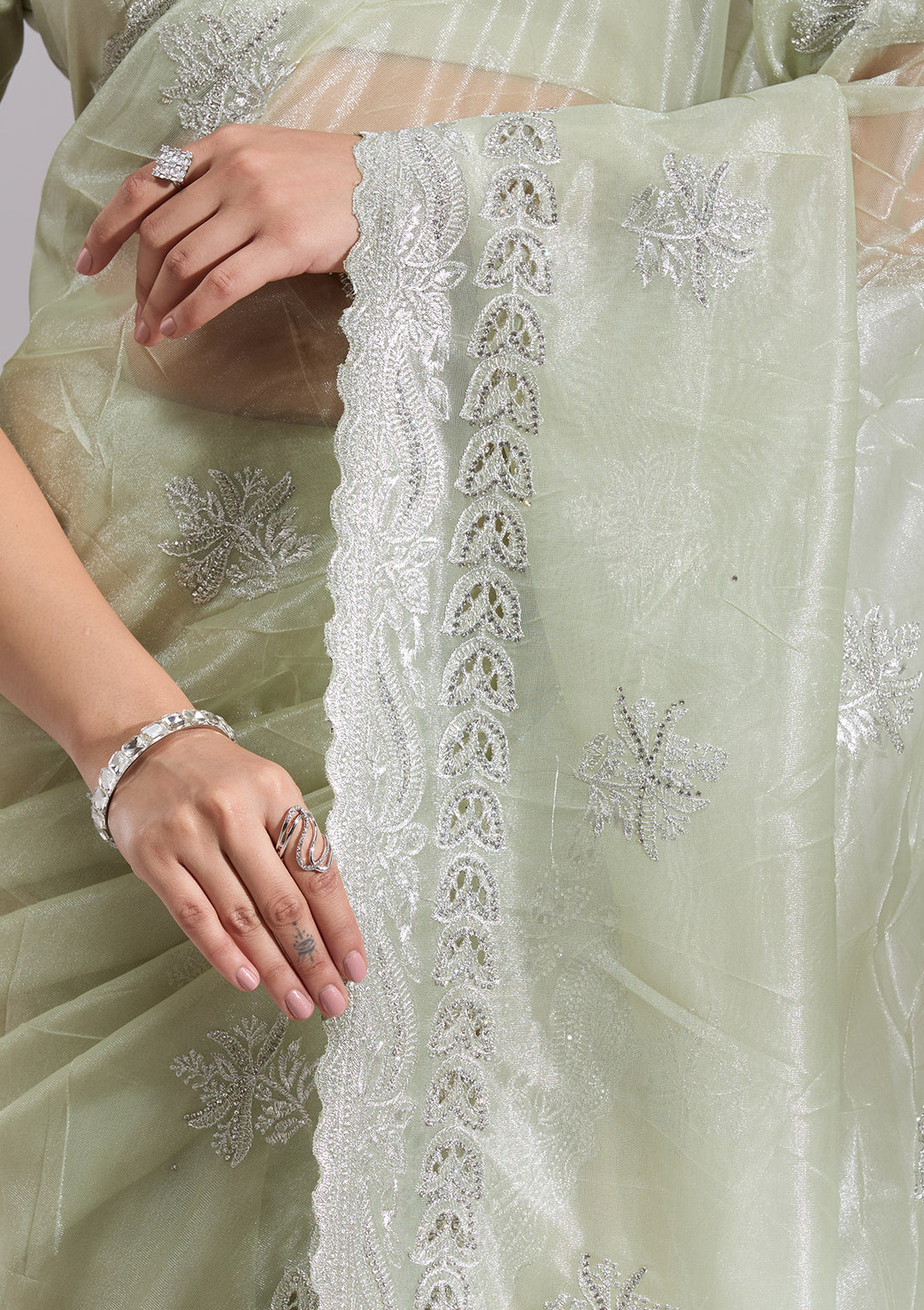 Pista Green Cutwork Organza Saree