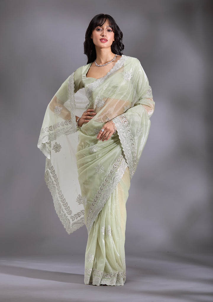 Pista Green Cutwork Organza Saree