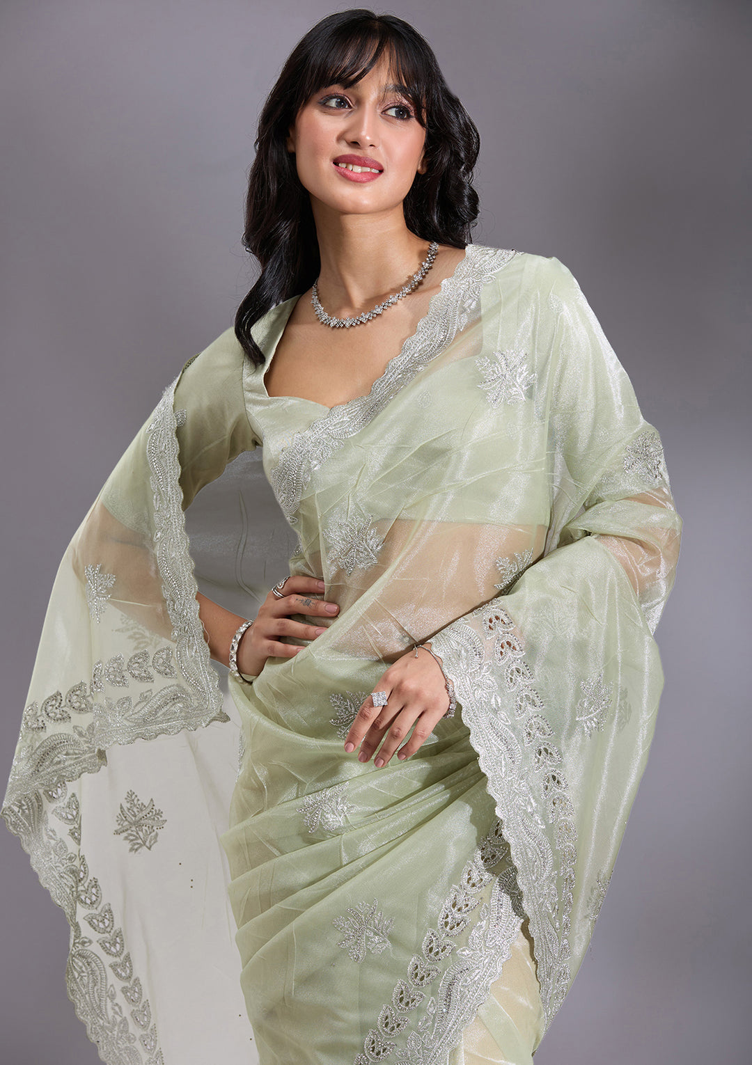 Pista Green Cutwork Organza Saree
