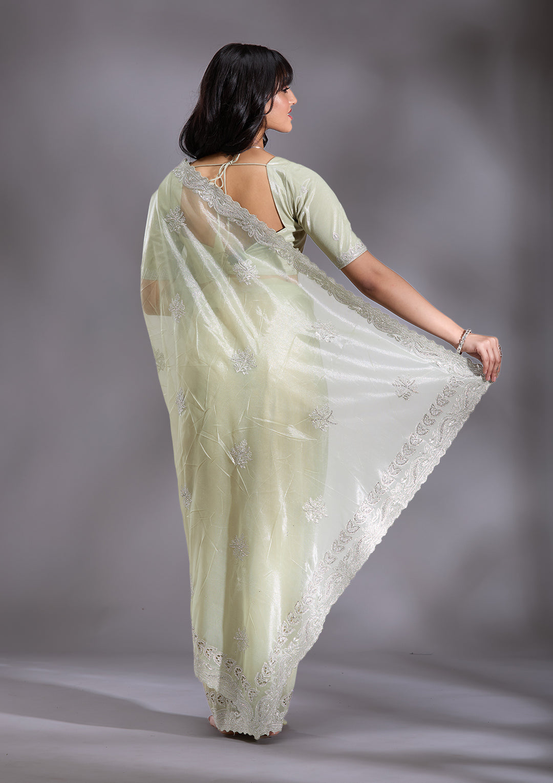 Pista Green Cutwork Organza Saree