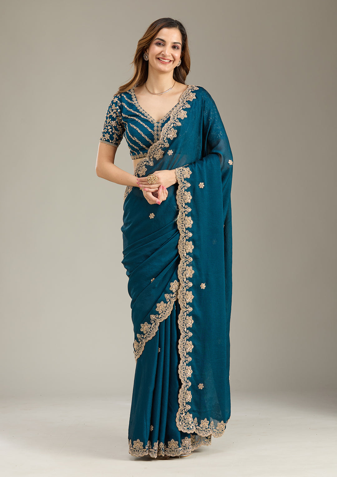 Peacock Blue Cording Semi Crepe Saree