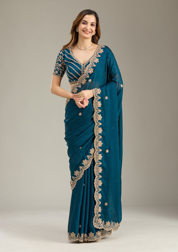 Peacock Blue Cording Semi Crepe Saree