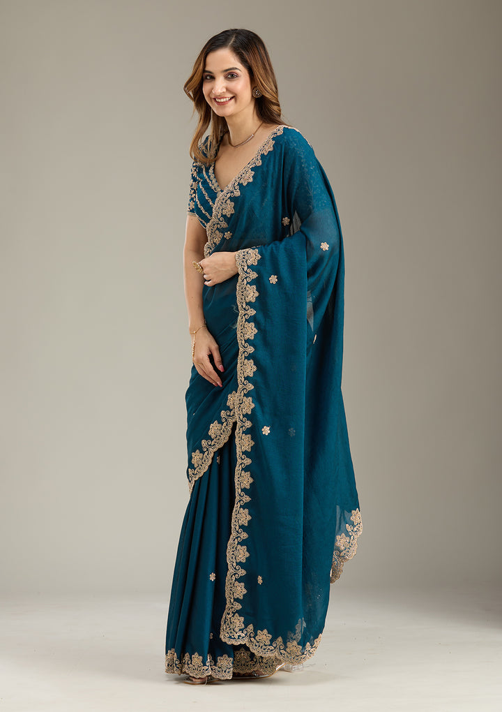 Peacock Blue Cording Semi Crepe Saree