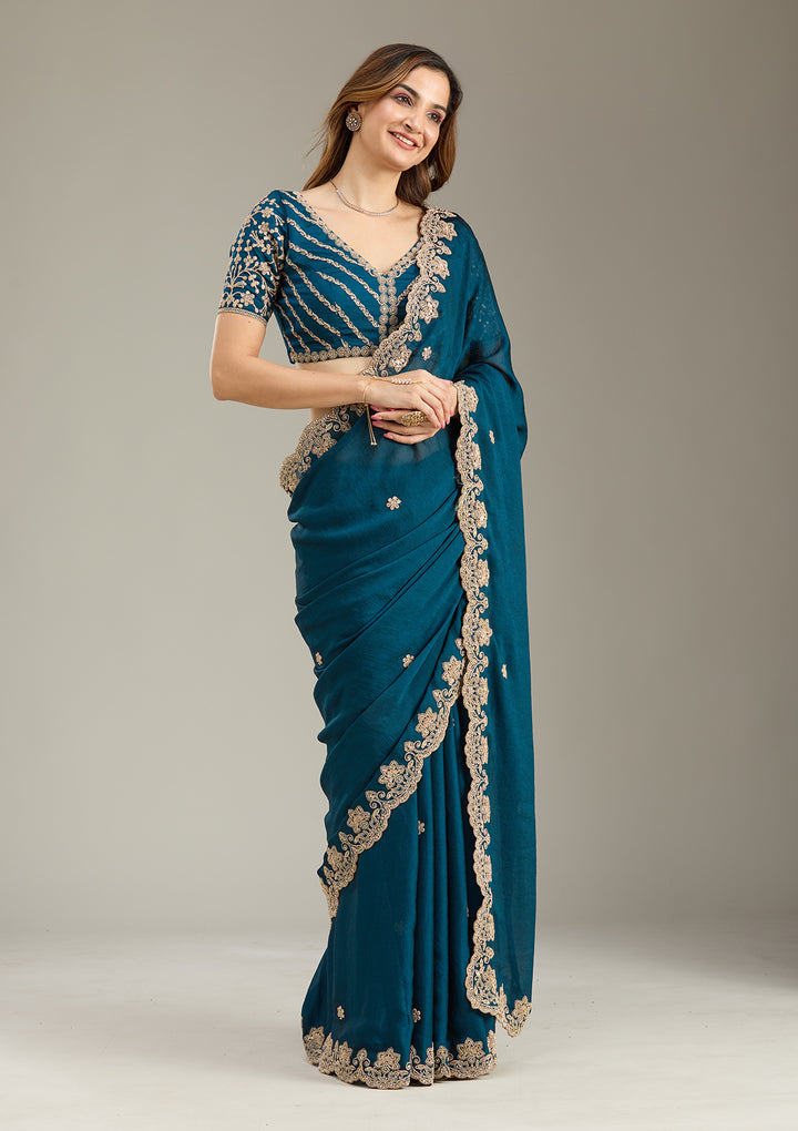 Peacock Blue Cording Semi Crepe Saree