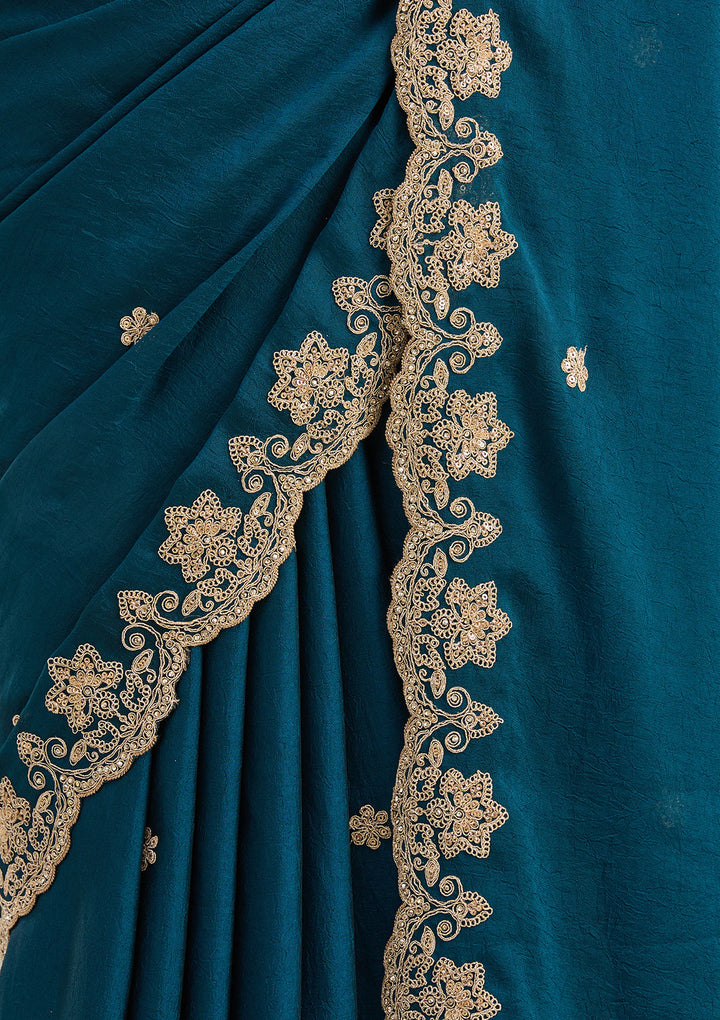 Peacock Blue Cording Semi Crepe Saree