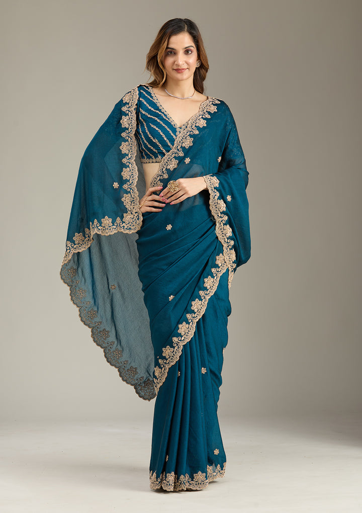 Peacock Blue Cording Semi Crepe Saree