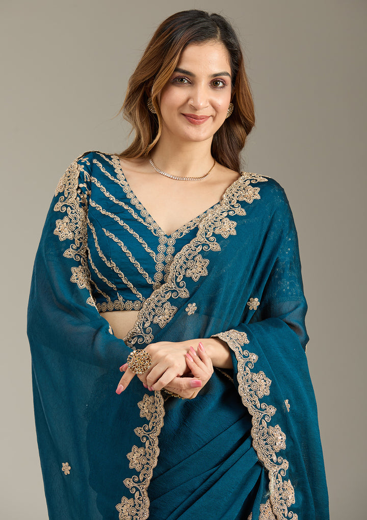 Peacock Blue Cording Semi Crepe Saree