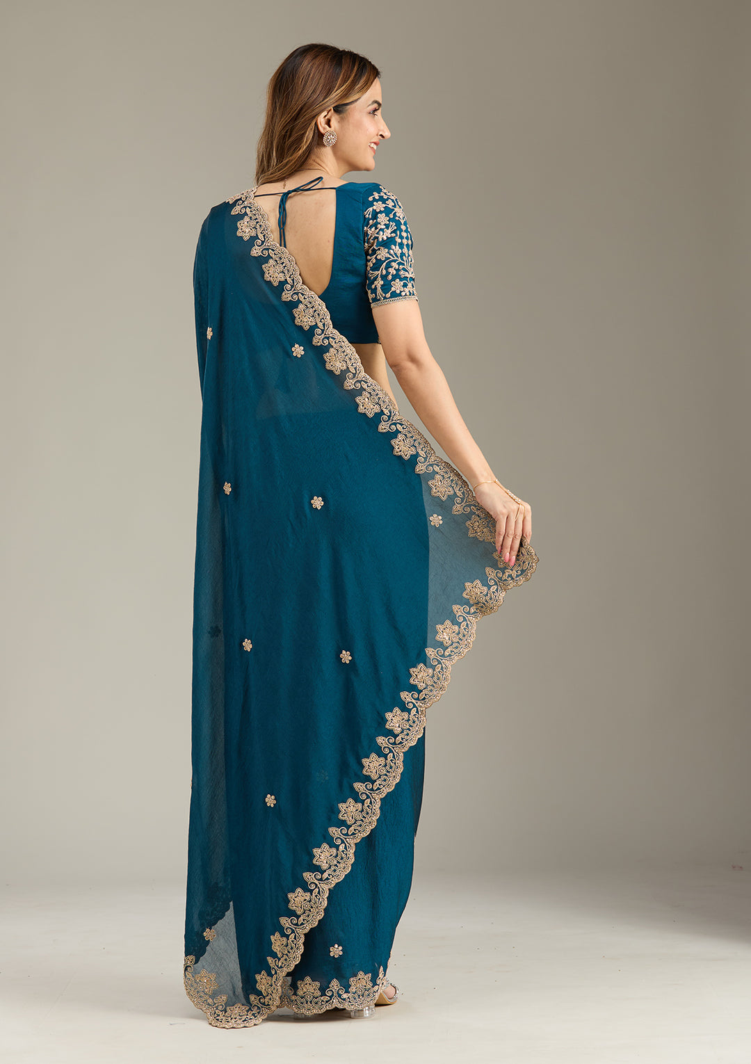 Peacock Blue Cording Semi Crepe Saree