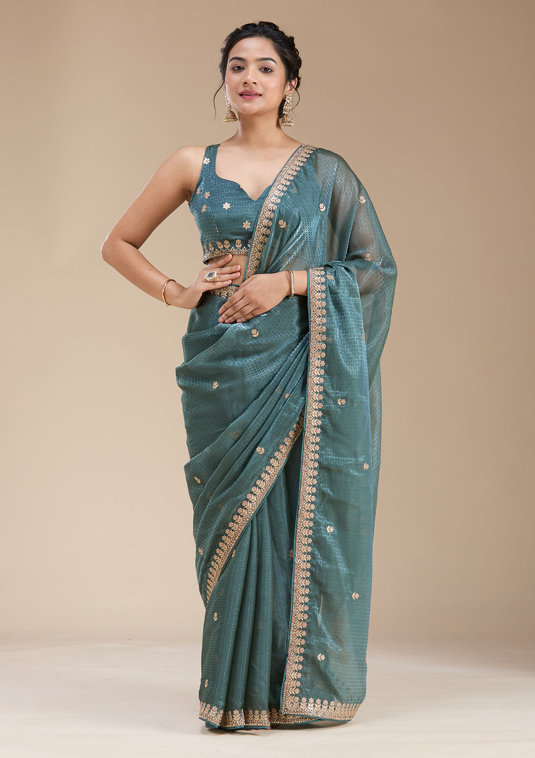 Teal Green Gotapatti Organza Saree