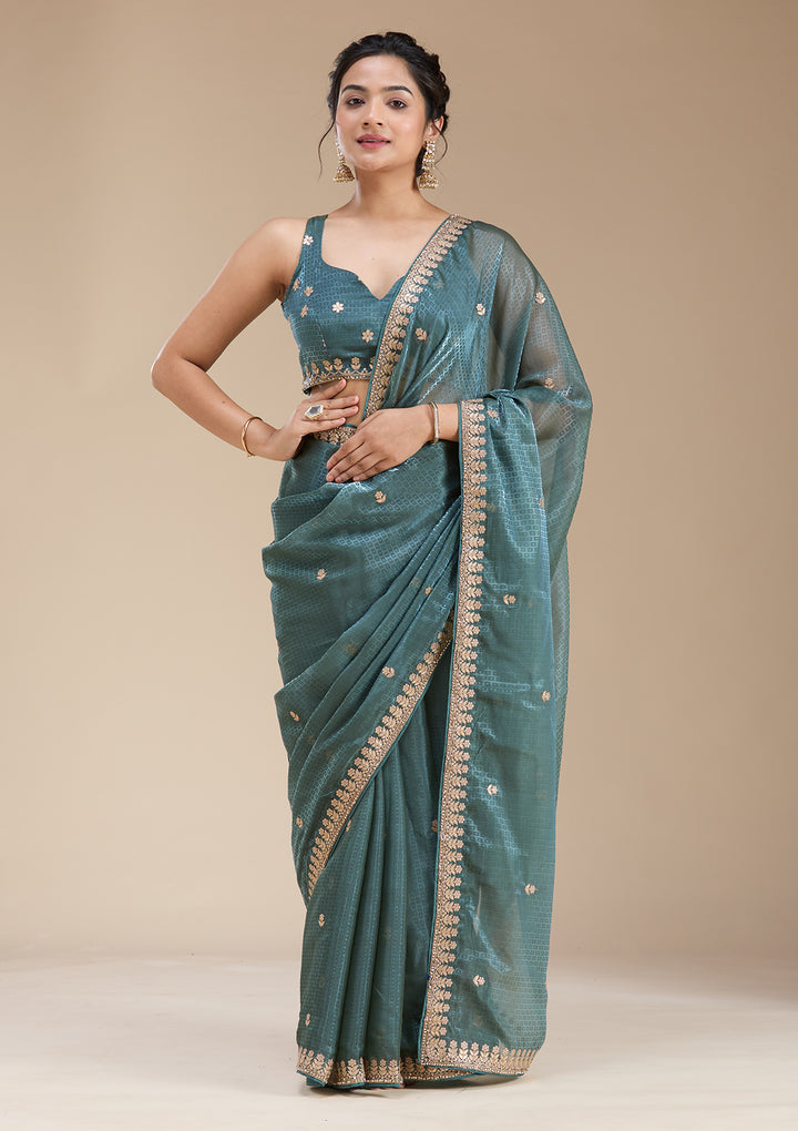 Teal Green Gotapatti Organza Saree