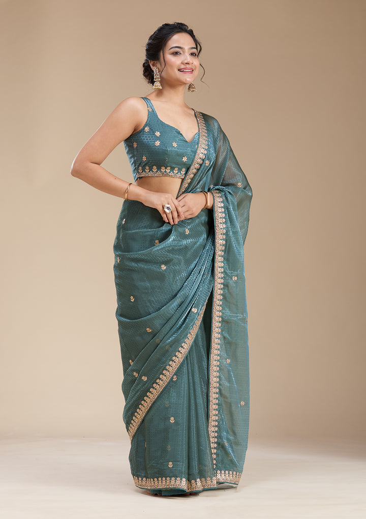 Teal Green Gotapatti Organza Saree