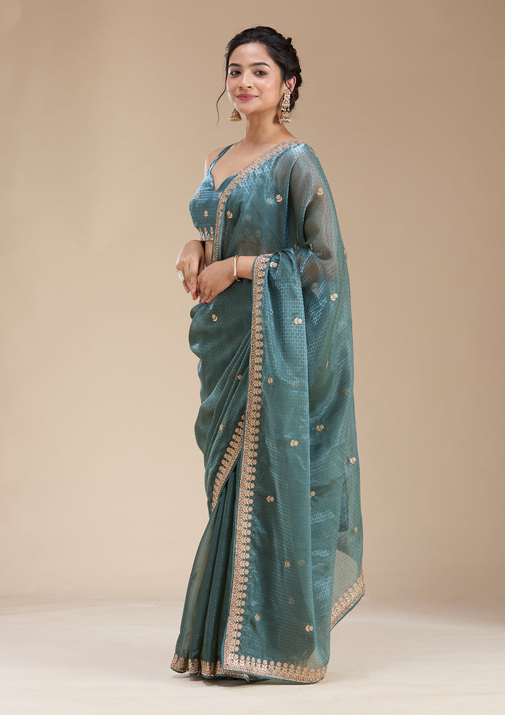Teal Green Gotapatti Organza Saree