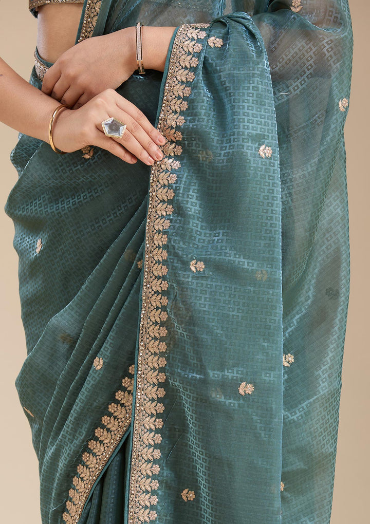 Teal Green Gotapatti Organza Saree
