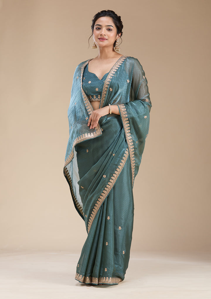 Teal Green Gotapatti Organza Saree