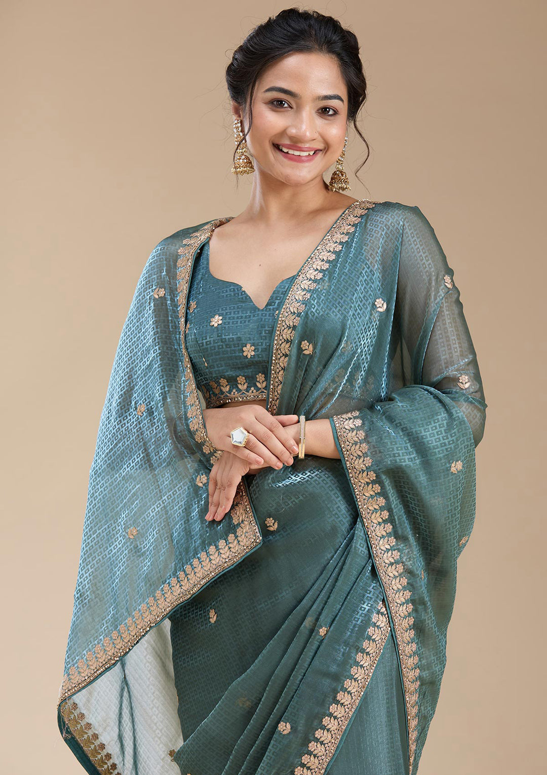 Teal Green Gotapatti Organza Saree
