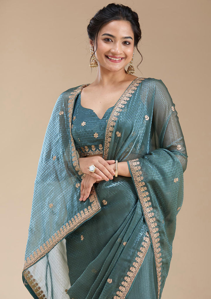 Teal Green Gotapatti Organza Saree