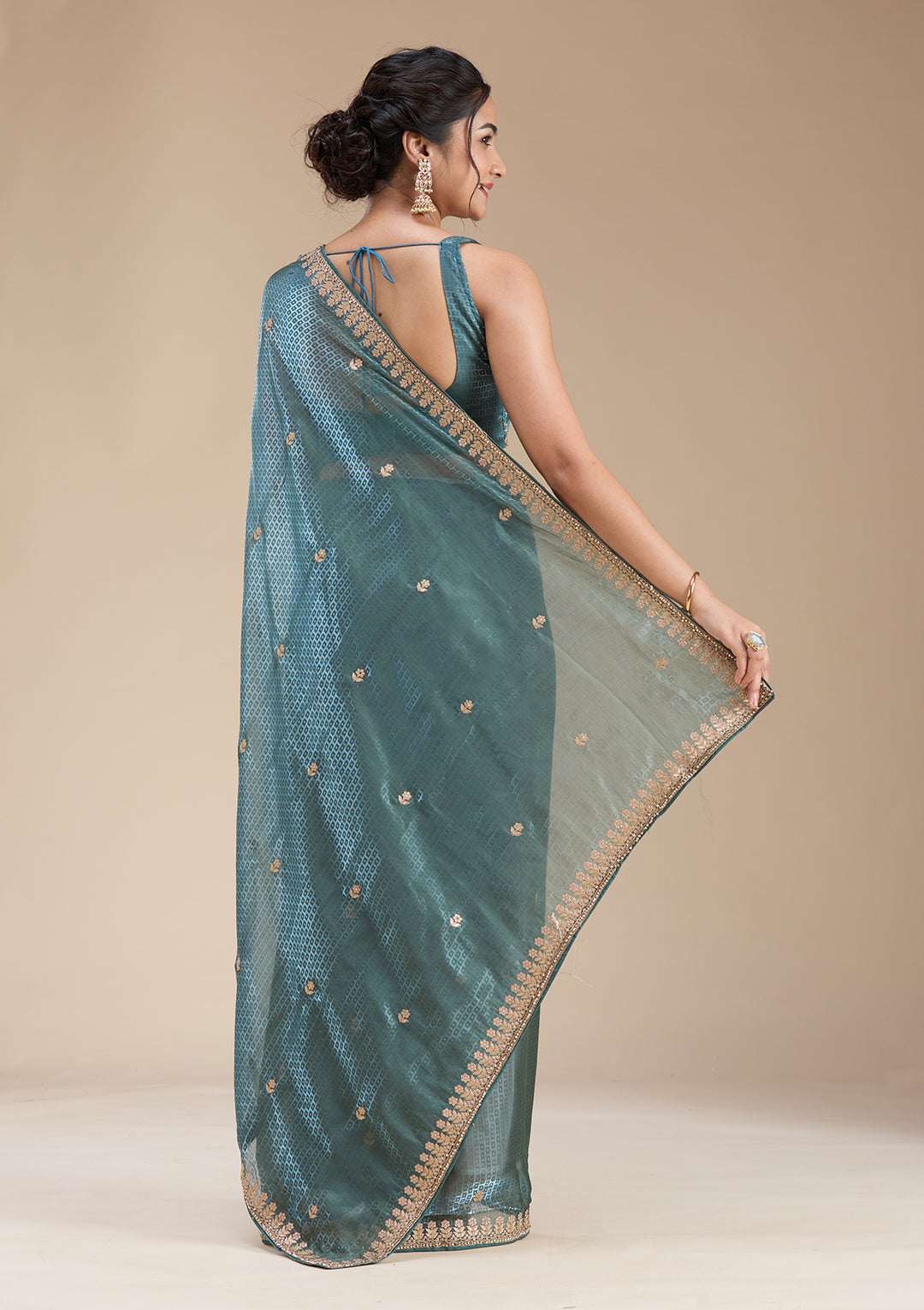 Teal Green Gotapatti Organza Saree