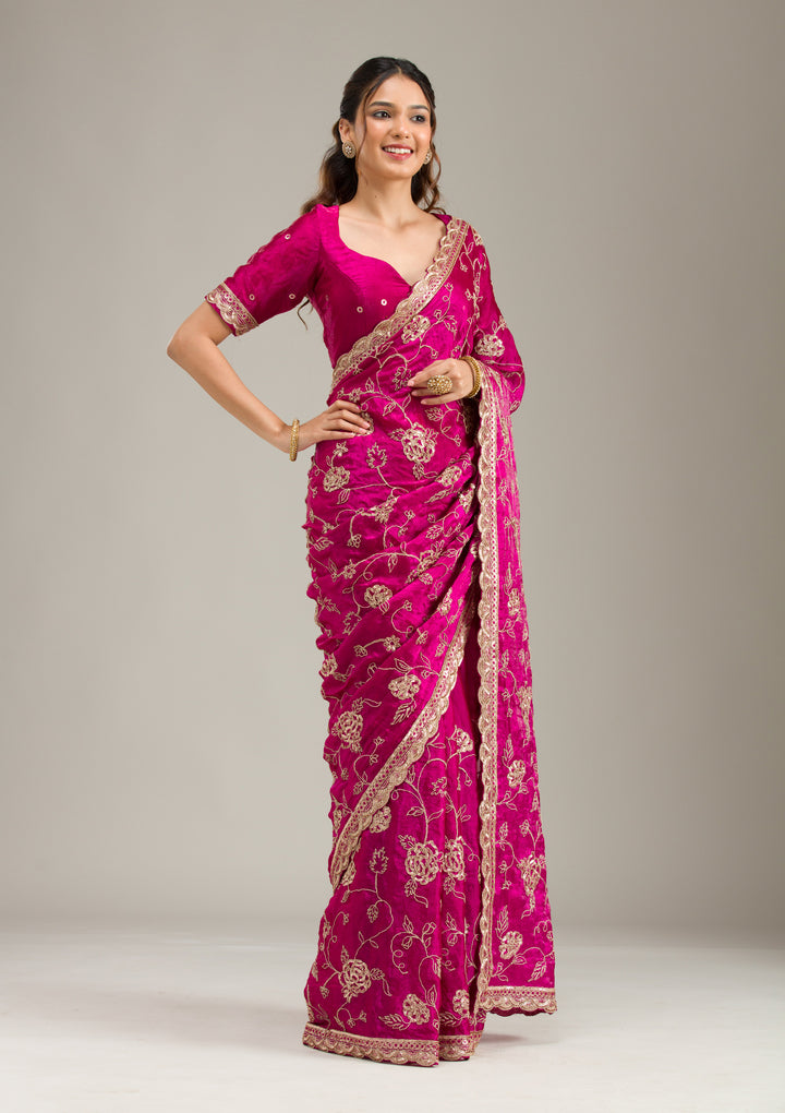 Magenta Pink Cording Chinon Saree