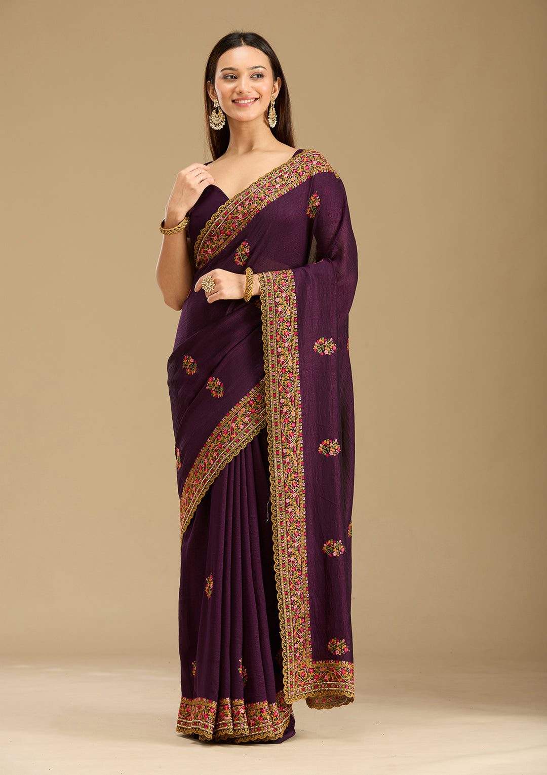 Purple Kashmiri Soft Raw Silk Saree