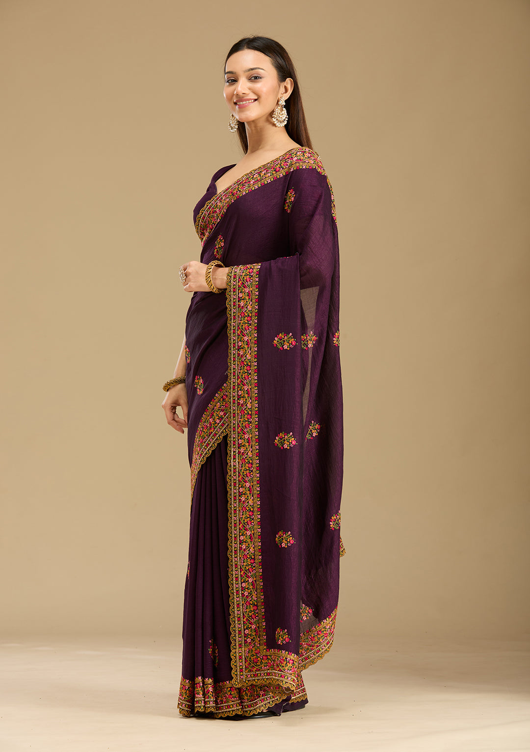 Purple Kashmiri Soft Raw Silk Saree