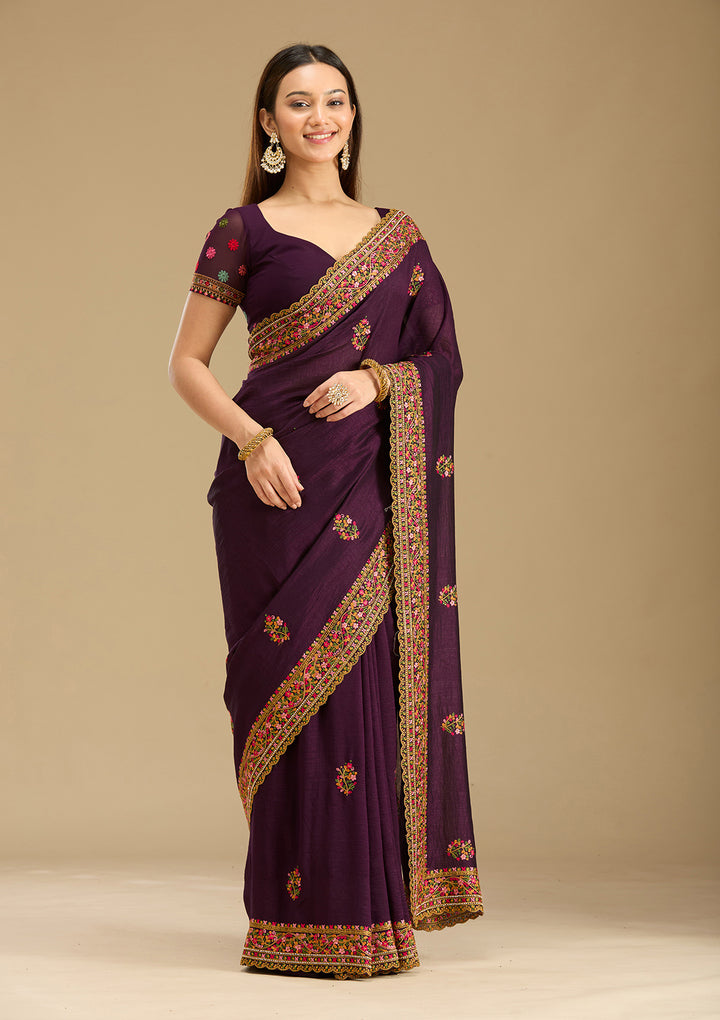 Purple Kashmiri Soft Raw Silk Saree