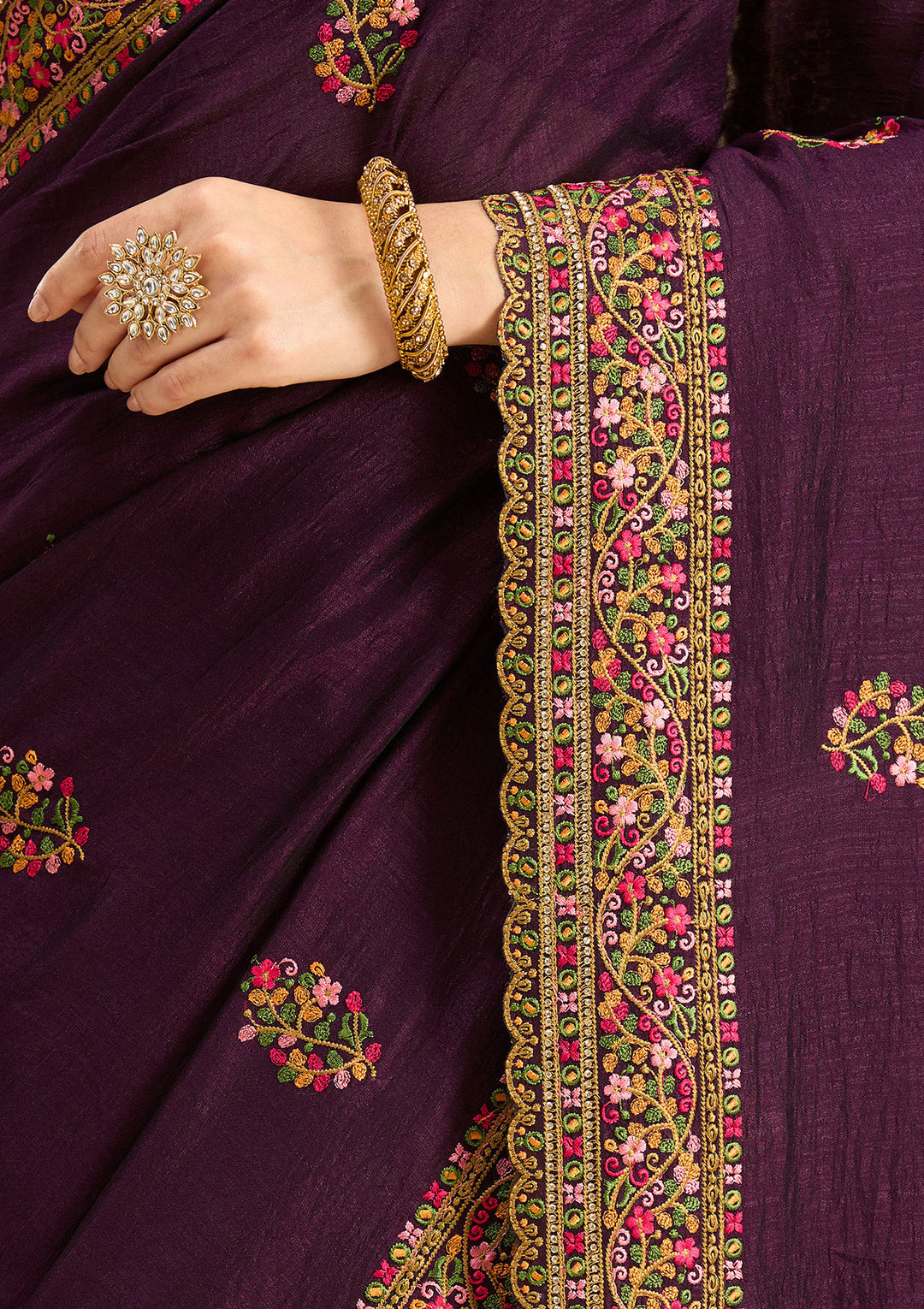 Purple Kashmiri Soft Raw Silk Saree