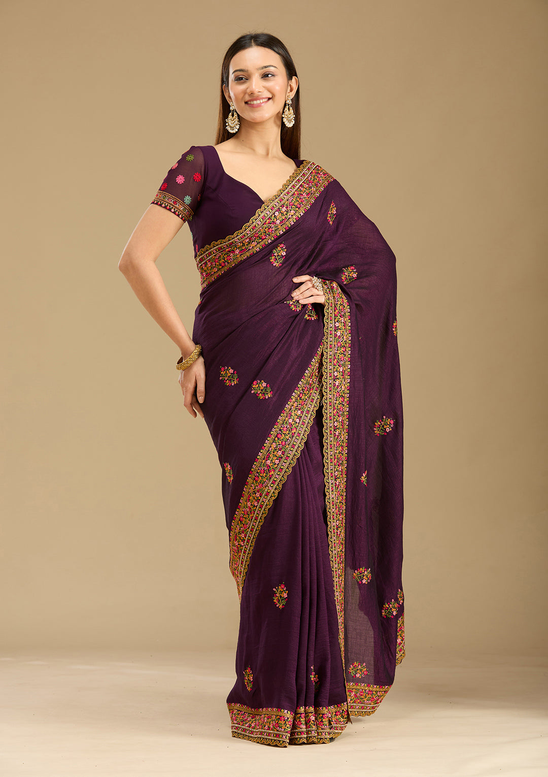 Purple Kashmiri Soft Raw Silk Saree