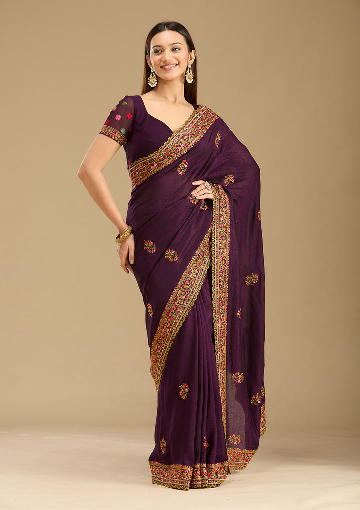 Purple Kashmiri Soft Raw Silk Saree