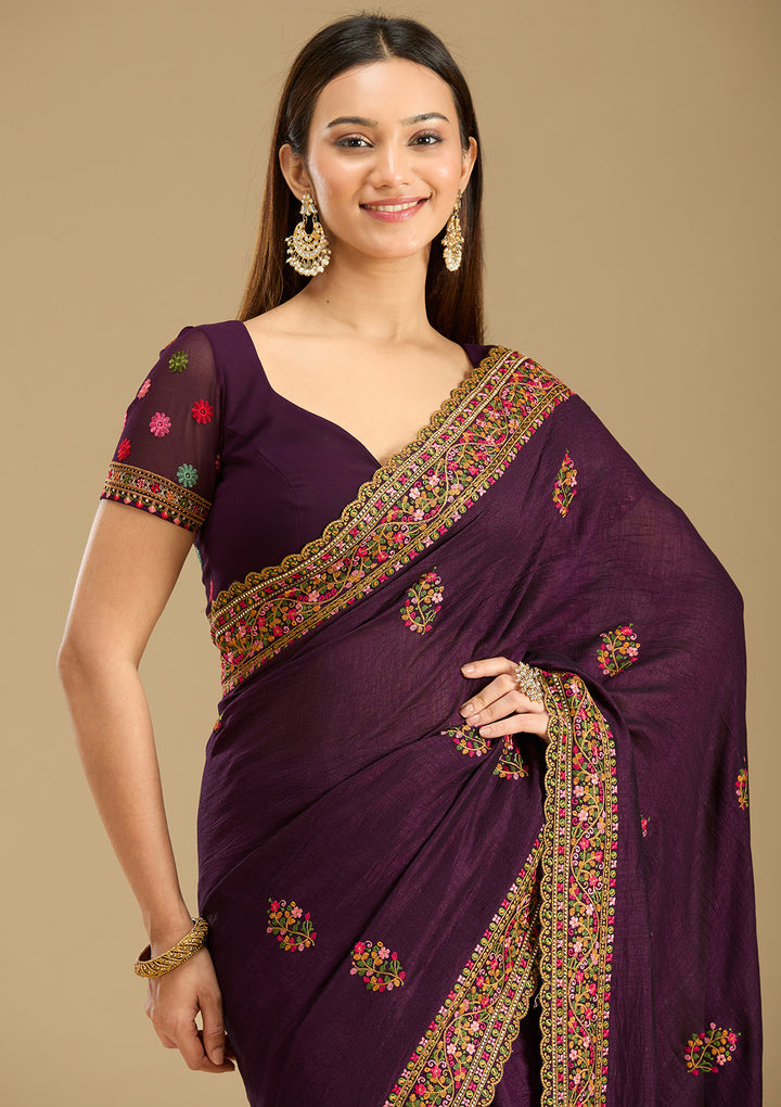 Purple Kashmiri Soft Raw Silk Saree