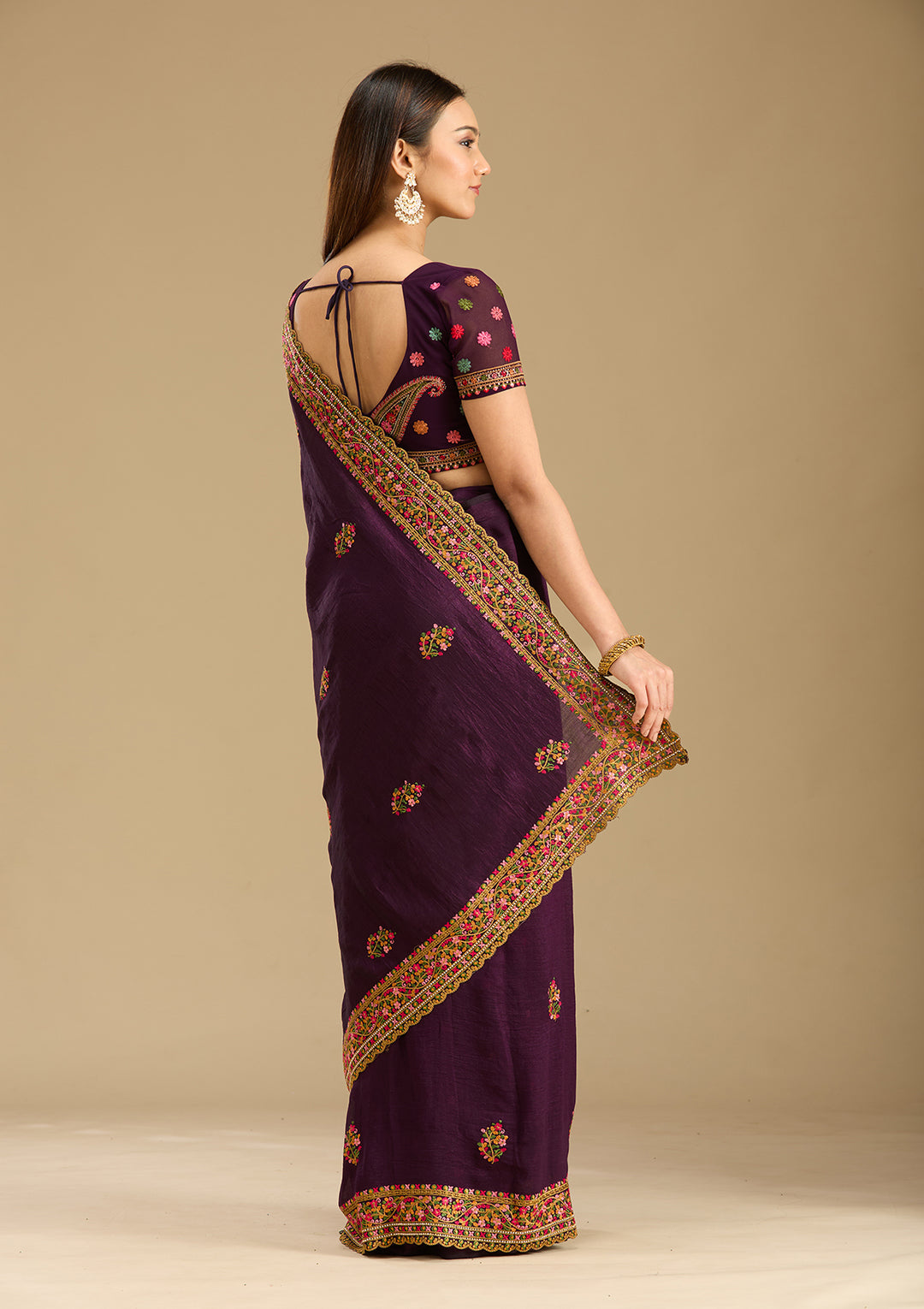 Purple Kashmiri Soft Raw Silk Saree