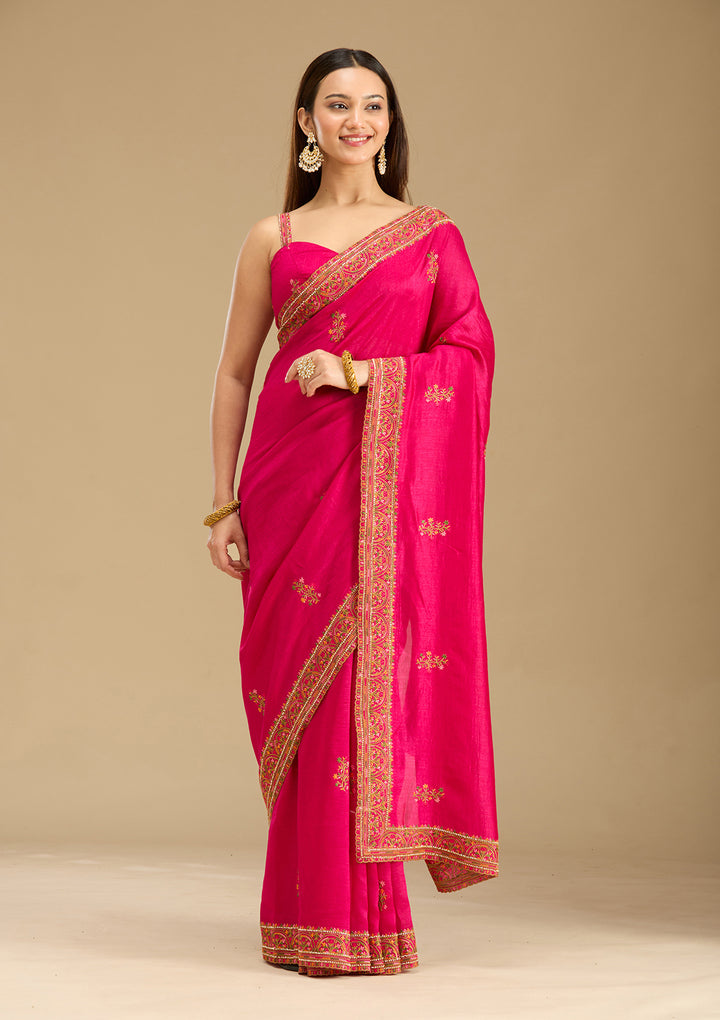 Rani Pink Kashmiri Soft Raw Silk Saree