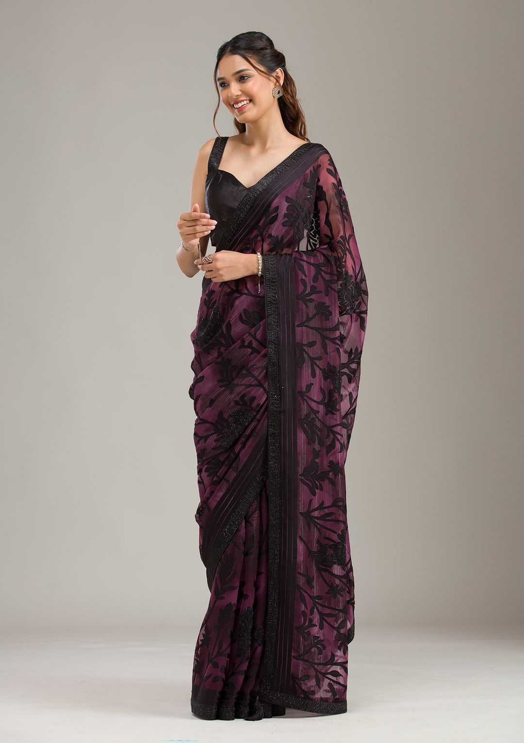 Wine Stonework (Gold) Georgette Saree