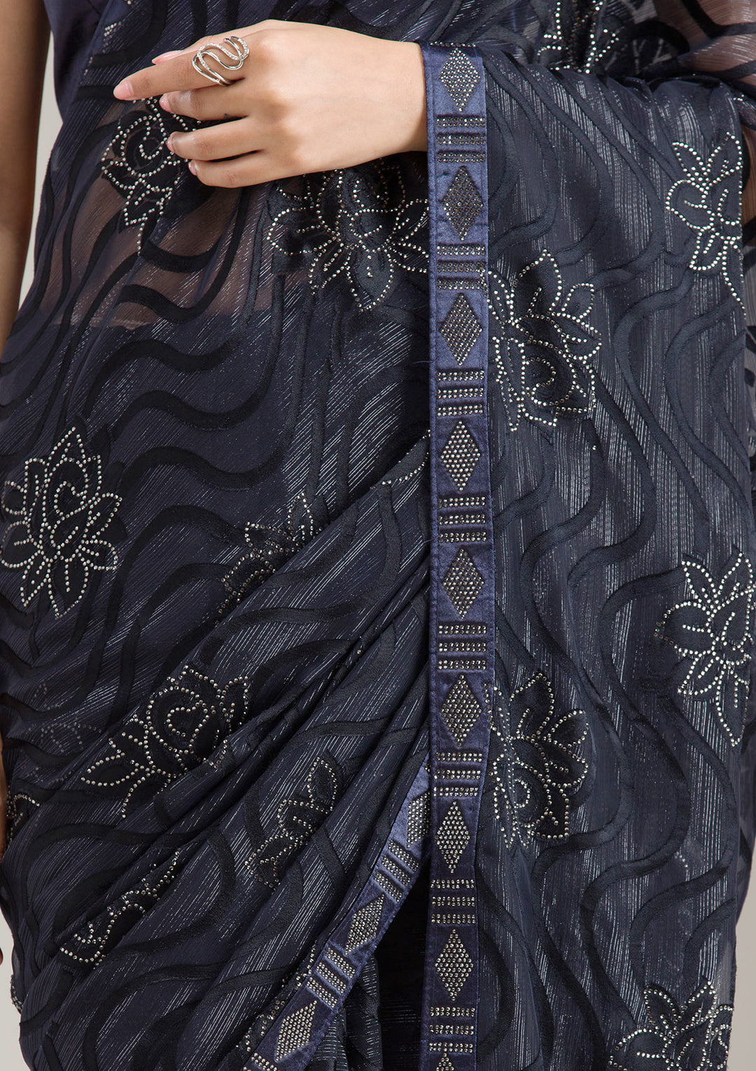 Navy Blue Stonework Chiffon Saree