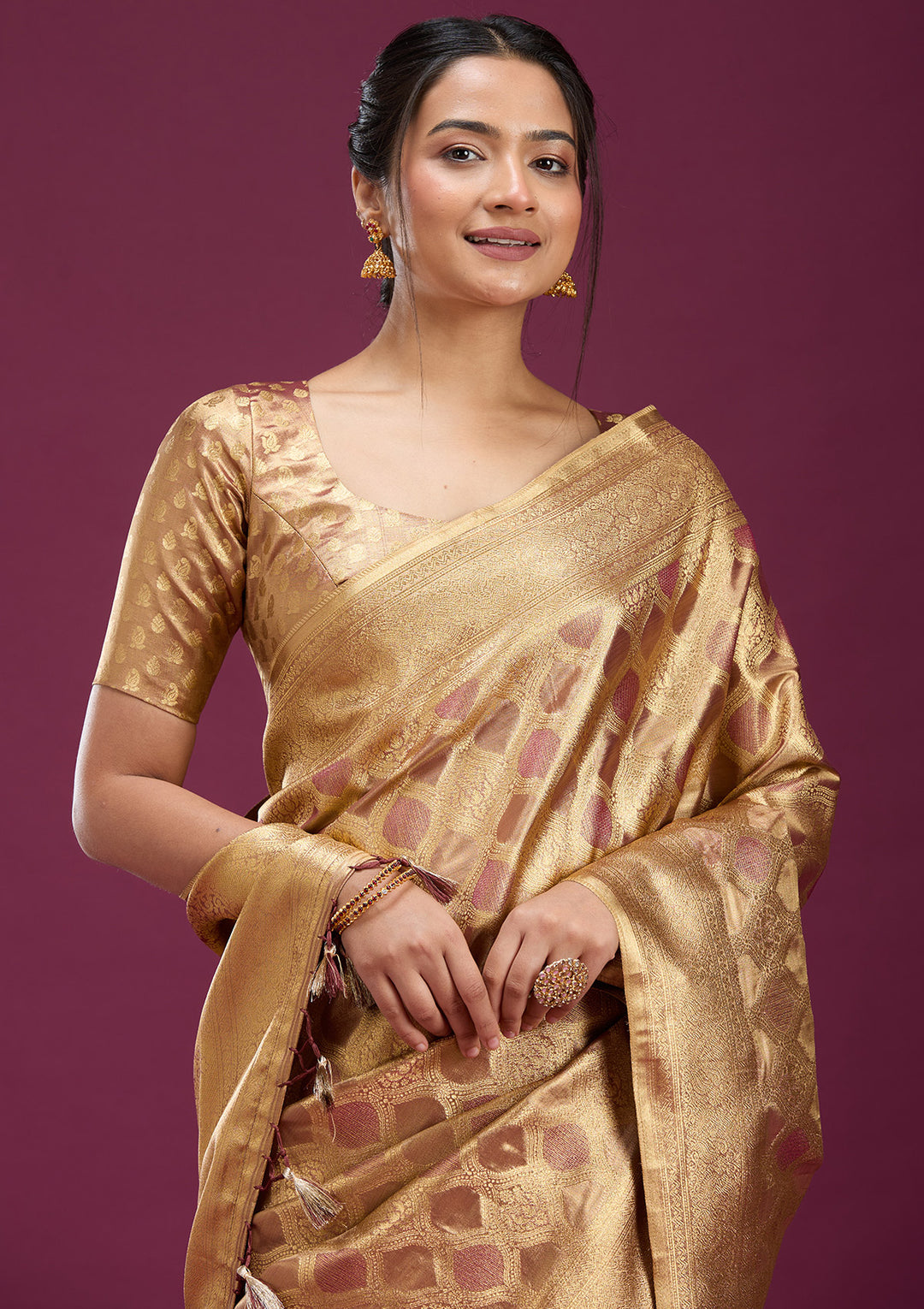Beige Zariwork (Gold) Silk Saree