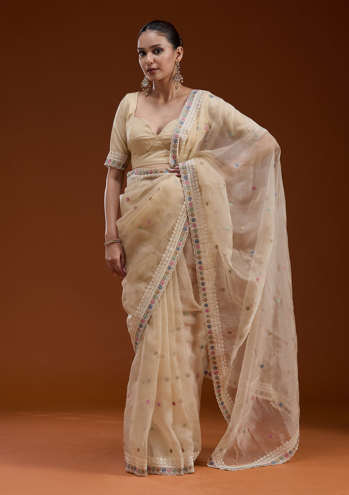 Beige Threadwork Tissue Saree