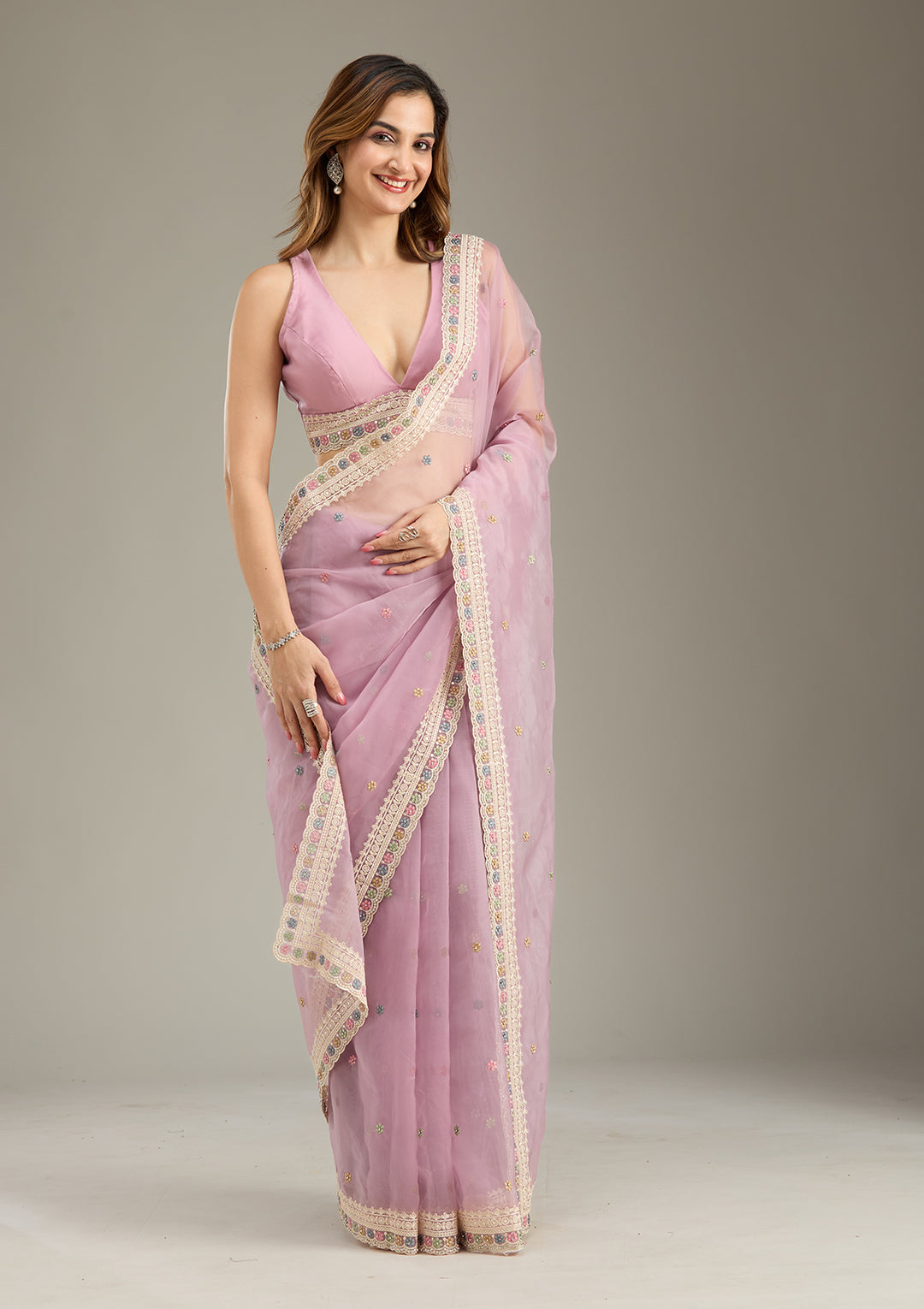 Lavender Threadwork Tissue Saree