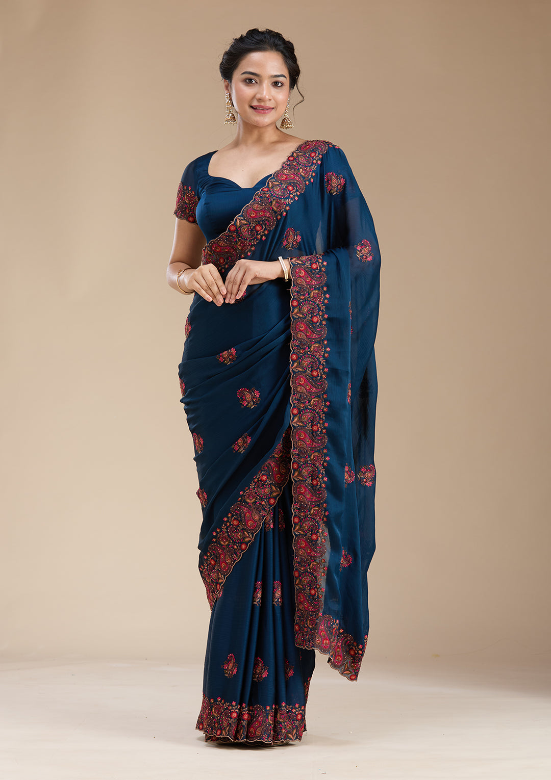 Navy Blue Kashmiri Chiffon Saree