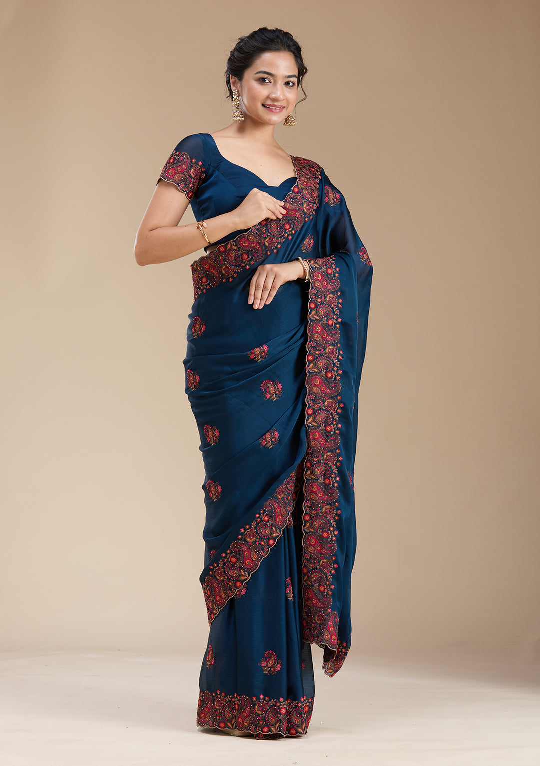Navy Blue Kashmiri Chiffon Saree