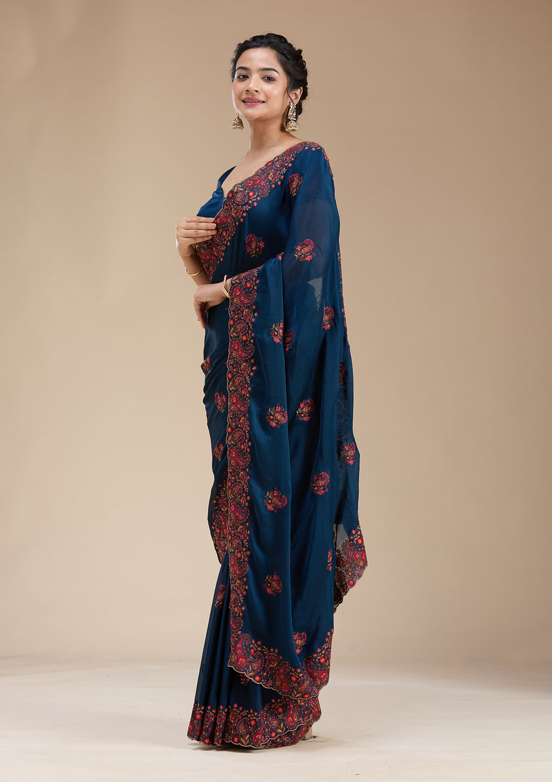 Navy Blue Kashmiri Chiffon Saree