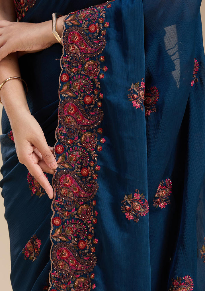 Navy Blue Kashmiri Chiffon Saree