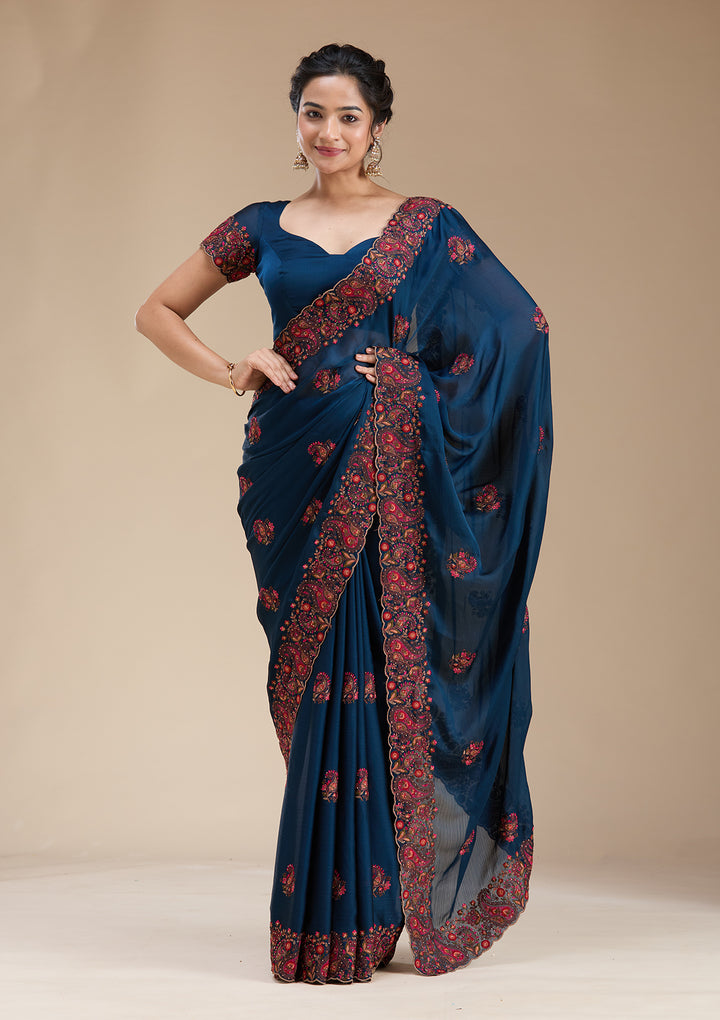 Navy Blue Kashmiri Chiffon Saree