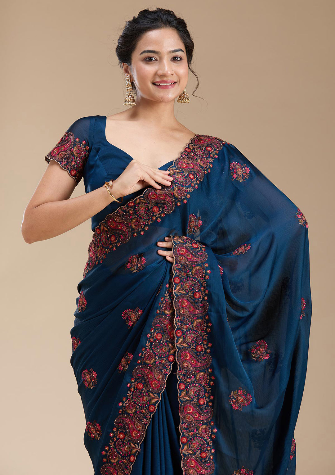 Navy Blue Kashmiri Chiffon Saree