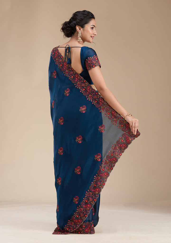 Navy Blue Kashmiri Chiffon Saree
