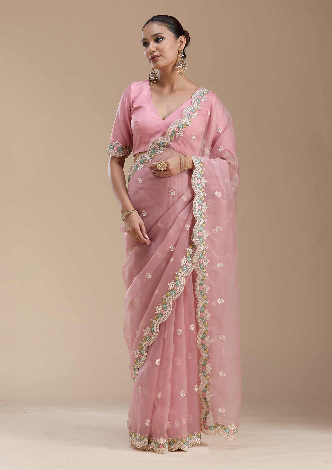 Onion Pink Threadwork Tissue Saree