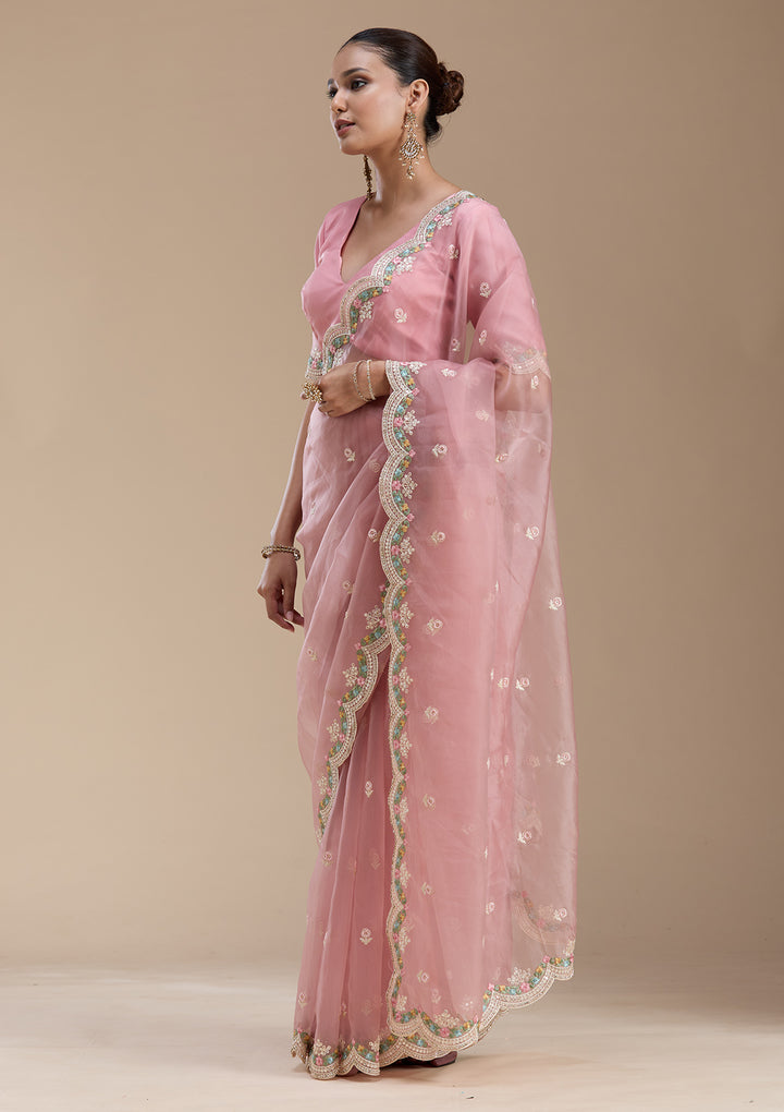 Onion Pink Threadwork Tissue Saree
