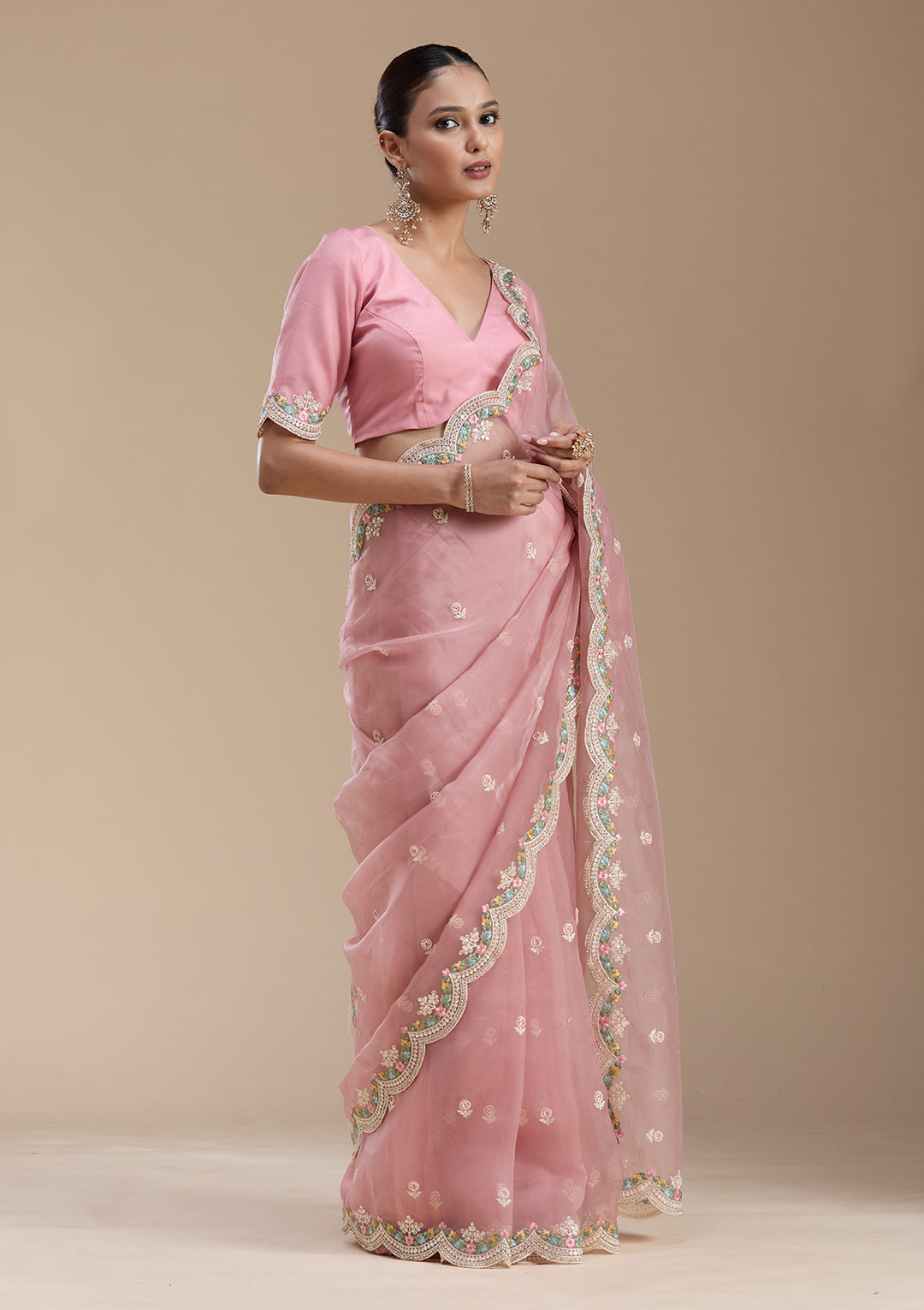 Onion Pink Threadwork Tissue Saree